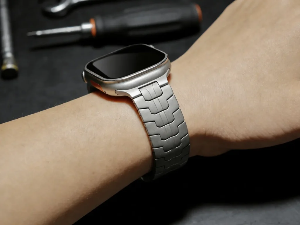 HB-10B Titanium Magnetic Watch Band HB-10B titanium Apple Watch band worn in a work setting