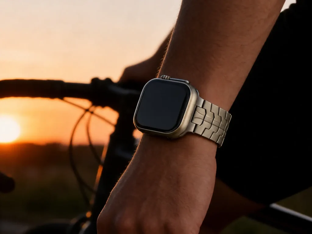 HB-10B Titanium Magnetic Watch Band HB-10B titanium Apple Watch band worn during outdoor travel